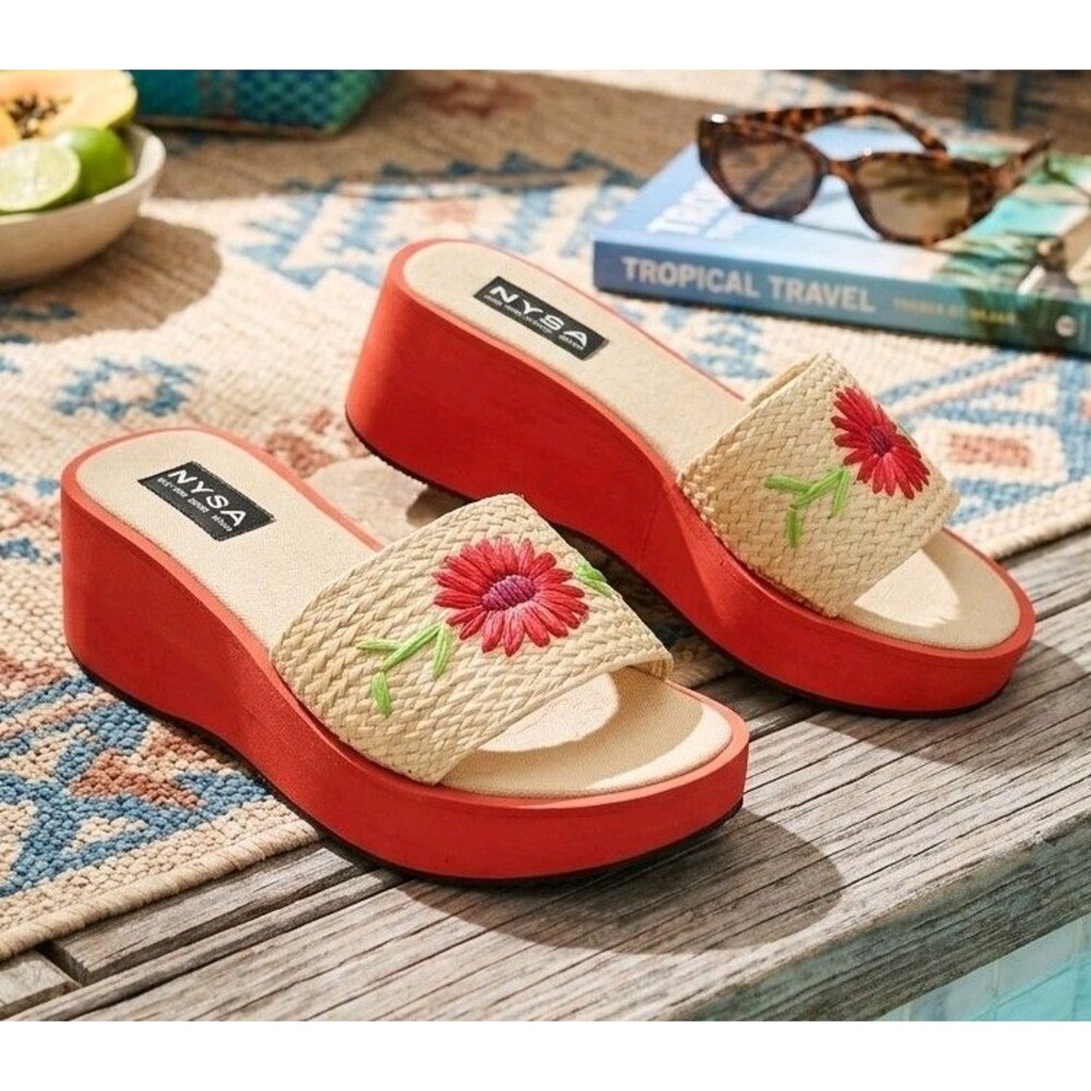 NYSA Red Floral Platform Slides Straw Woven Y2K Tropical Sandals Size 10 Women's